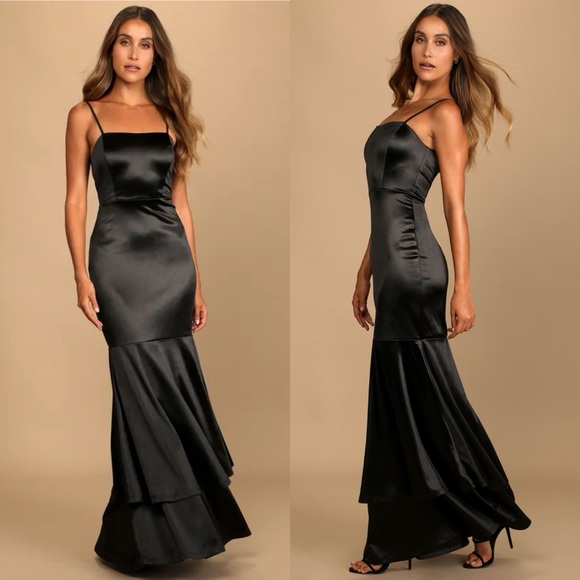 Lulus Dresses & Skirts - NWT LULUS Contemporary Romance Black Satin Tiered Mermaid Maxi Dress Black XL